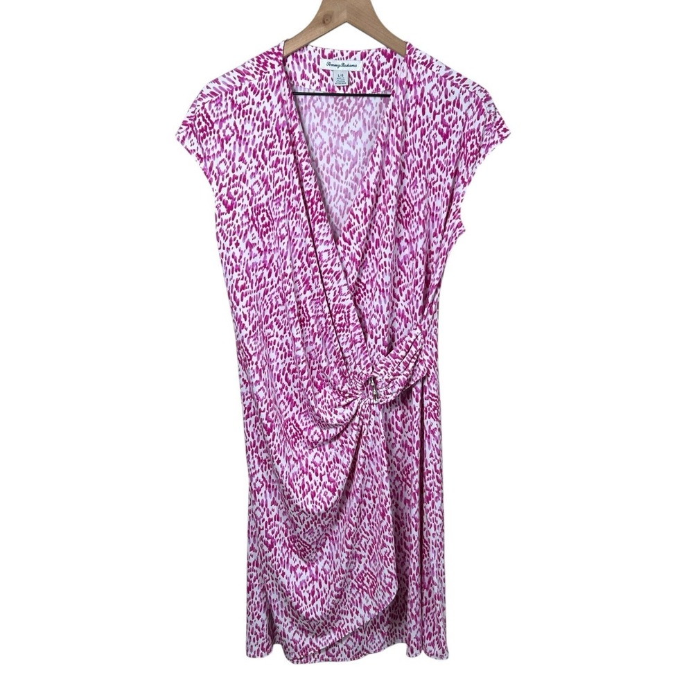 Tommy Bahama Womens Large Pink White Clara Ocean Ikat Mini Wrap Dress Stretch - Picture 2 of 6